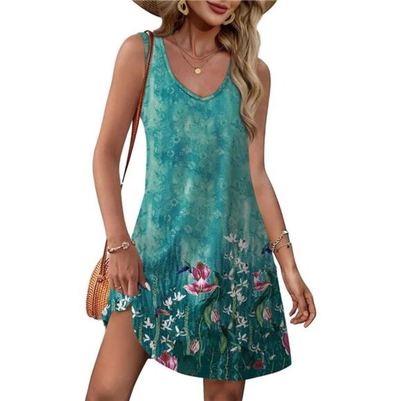 Women's Summer Sundress - V-Neck Sleeveless Dress with Pockets - Picture 1 of 5